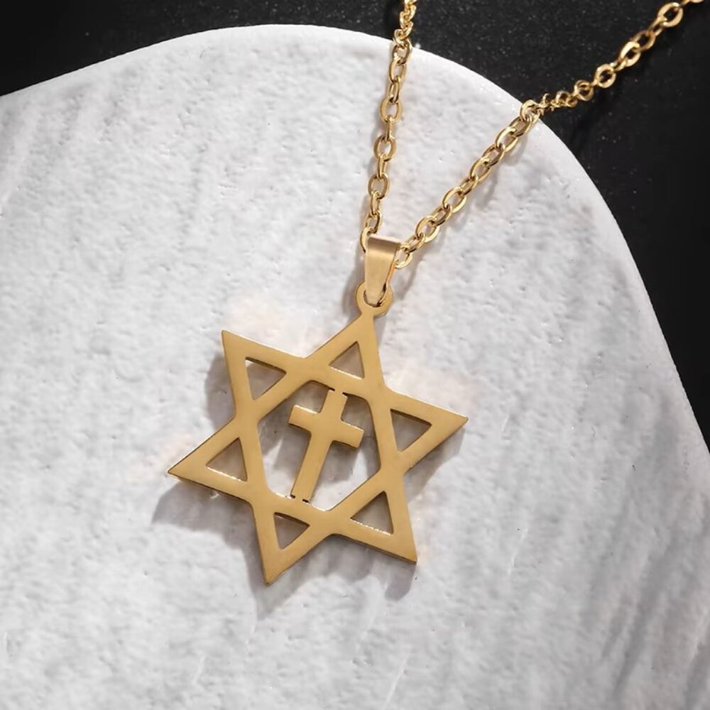 Gold Messianic Star of David, Christian Cross Necklace for Men & Women‎ Gift